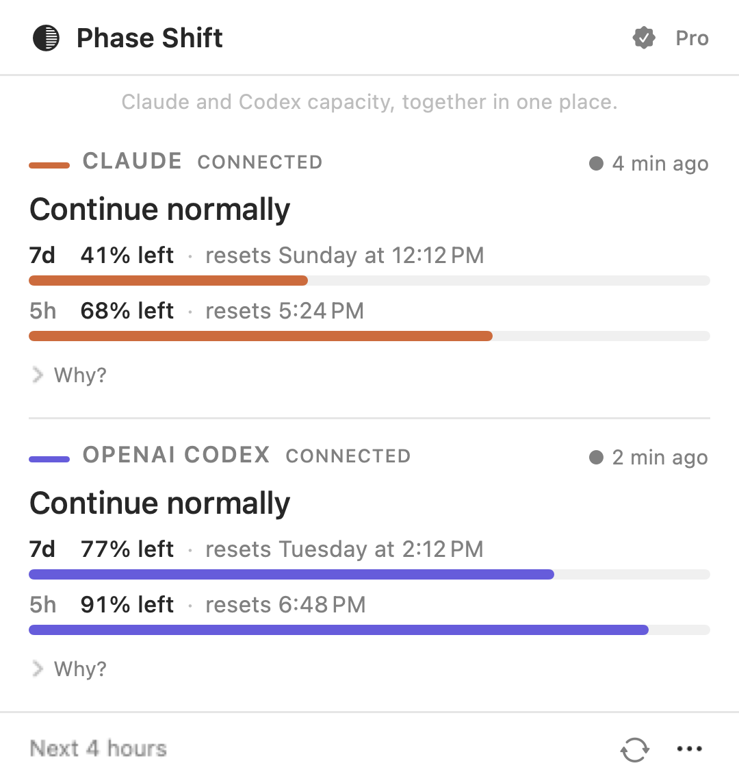 The Phase Shift menu-bar popover. Claude has 41 percent left on its 7 day window and 68 percent on its 5 hour window; OpenAI Codex has 77 and 91 percent. Each row shows its reset time and a Continue normally recommendation.
