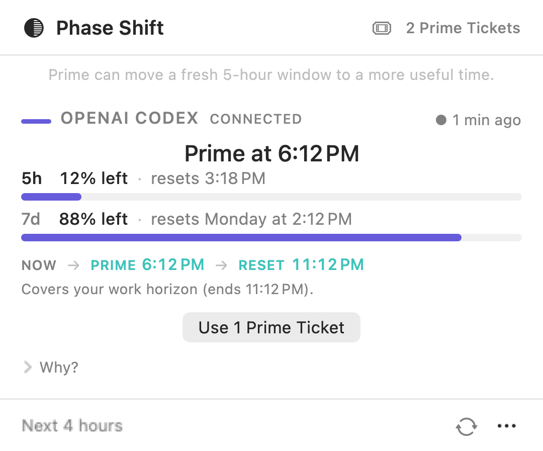 The popover recommending Prime at 6:12 PM for OpenAI Codex, currently at 12 percent with its window resetting 3:18 PM, showing now, prime at 6:12 PM, reset 11:12 PM, and a Use 1 Prime Ticket button.