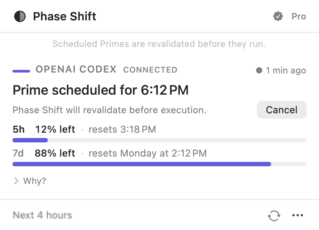 The popover showing a Prime scheduled for 6:12 PM, with a note that Phase Shift will revalidate before execution, and a Cancel button.