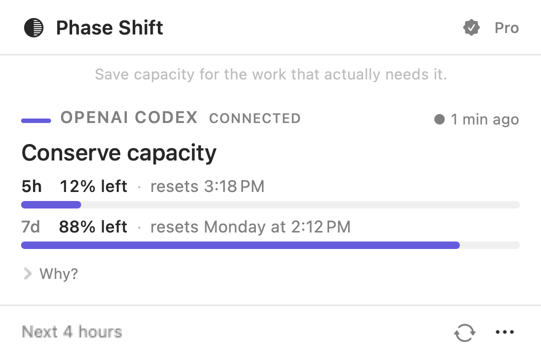 The popover reading Conserve capacity for OpenAI Codex, with 12 percent left on the 5 hour window resetting at 3:18 PM.